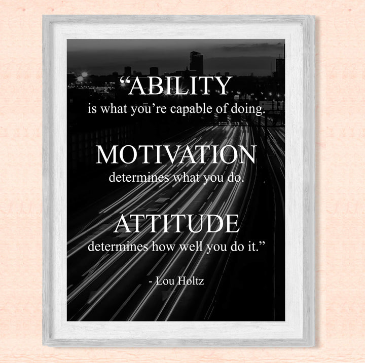 Lou Holtz Quotes-"Ability-Motivation-Attitude" Motivational Wall Art -8 x 10" Modern Typographic Print-Ready to Frame. Inspirational Home-Office-Work-Gym-Football Decor. Great Gift for Coach!