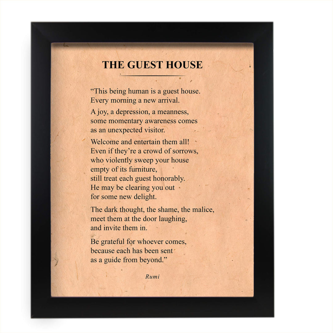 The Guest House-Be Grateful for Whoever Comes-Rumi Book Page Print-11 x 14" Literary Wall Art Quotes w/Replica Distressed Parchment Design-Ready To Frame. Inspirational Home-Office-Spiritual Decor!
