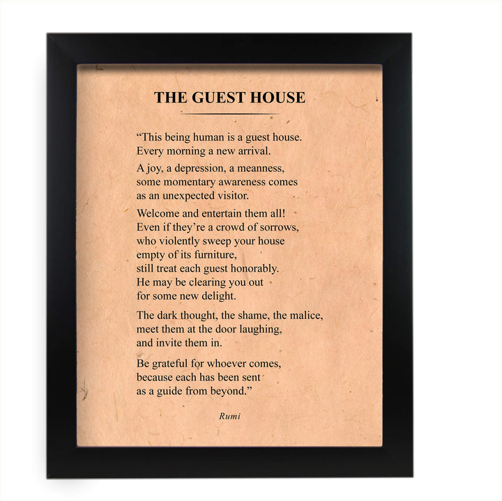 The Guest House-Be Grateful for Whoever Comes-Rumi Book Page Print-11 x 14" Literary Wall Art Quotes w/Replica Distressed Parchment Design-Ready To Frame. Inspirational Home-Office-Spiritual Decor!