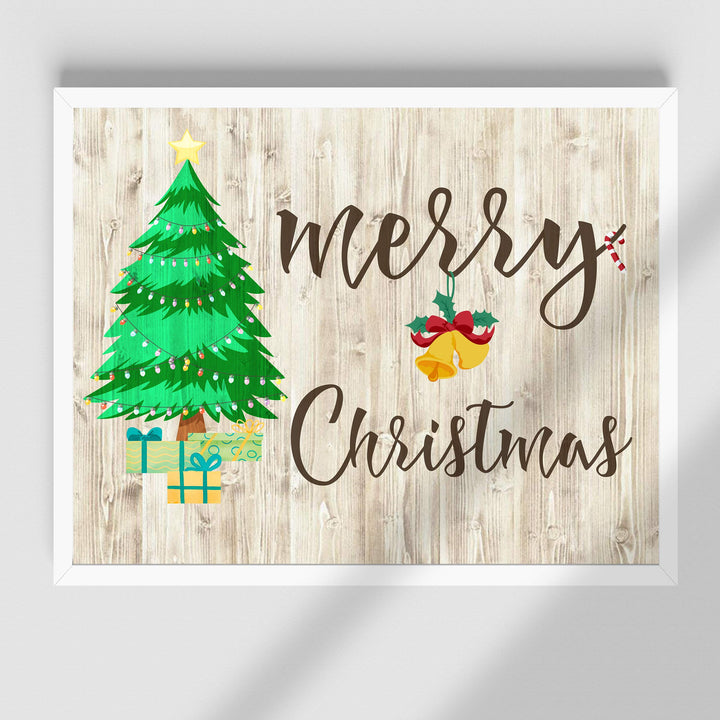 Merry Christmas Rustic Holiday Wall Decor -14 x 11" Festive Winter Art Print with Christmas Tree Image-Ready to Frame. Home-Kitchen-Farmhouse-Welcome Decor. Great Christian Gift! Printed on Paper.