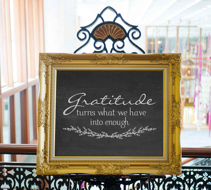 Gratitude-Turns What We Have Into Enough-Inspirational Wall Art- 10 x 8" Modern Typographic Print w/Distressed Wood Design-Ready to Frame. Home-Office-Family Room Decor. Great Positive Sign!