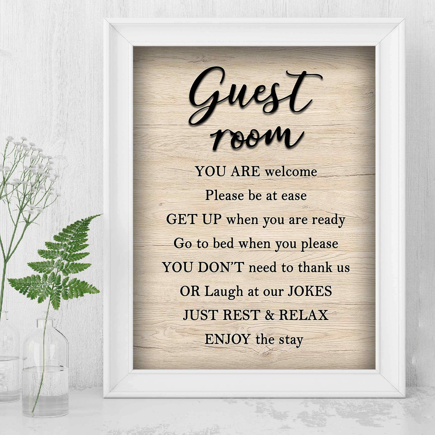 Guest Room-Enjoy The Stay- Welcome Sign Wall Art -8 x 10" Country Rustic Print with Replica Wood Design-Ready to Frame. Home-Guest Room-B&B-Cabin-Lake House-Beach Decor. Printed on Paper-Not Wood.