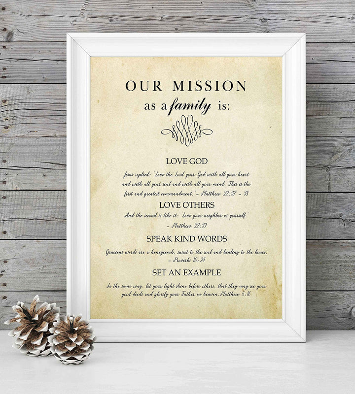 Our Mission-Bible Verse Wall Art Sign-8 x 10" Scripture Poster Print w/Replica Distressed Parchment Design-Ready to Frame. Christian Wall Decor for Home-Office-Church. Perfect Religious Keepsake!