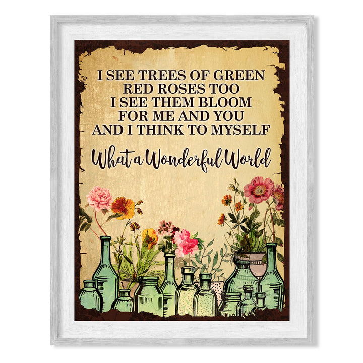 What A Wonderful World Song Lyric Wall Art -8 x 10" Floral Music Lyrics Print -Ready to Frame. Rustic Wood Design Decor for Home-Studio-Bar-Man Cave. Great Gift for Louie Armstrong &amp; All Jazz Fans!