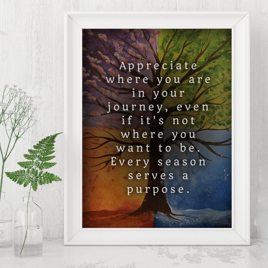 Appreciate Where You Are In Your Journey Inspirational Quotes Wall Art -8 x 10" Motivational Four Seasons Tree Print -Ready to Frame. Home-Office-School-Library Decor. Great Gift for Inspiration!
