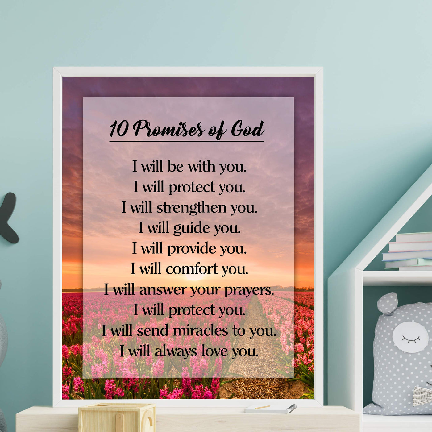 10 Promises of God Motivational Christian Wall Art -11 x 14" Floral Sunrise Print-Ready to Frame. Typographic Design. Inspirational Home-Office-Church-School Decor. Great Religious Gift of Faith!