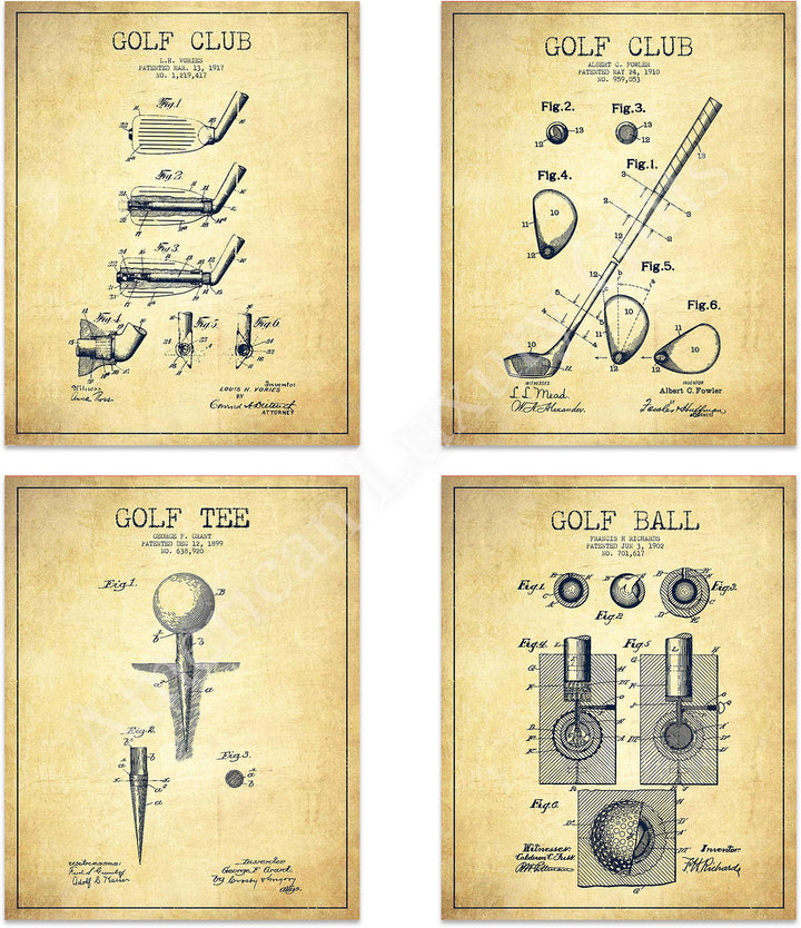 Golf Patent Prints Set of 4-"Golf Ball-Tee &amp; Clubs" - 8 x10&
