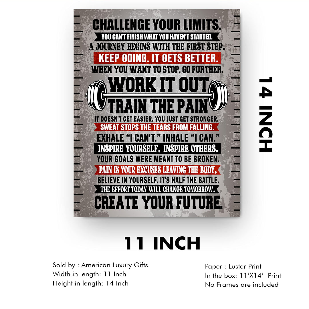 Challenge Your Limits-Work It Out Motivational Quotes Exercise Wall Sign -11 x 14" Inspirational Fitness Poster Print-Ready to Frame. Positive Home-Gym-Weight Room Decor. Great Gift of Motivation!