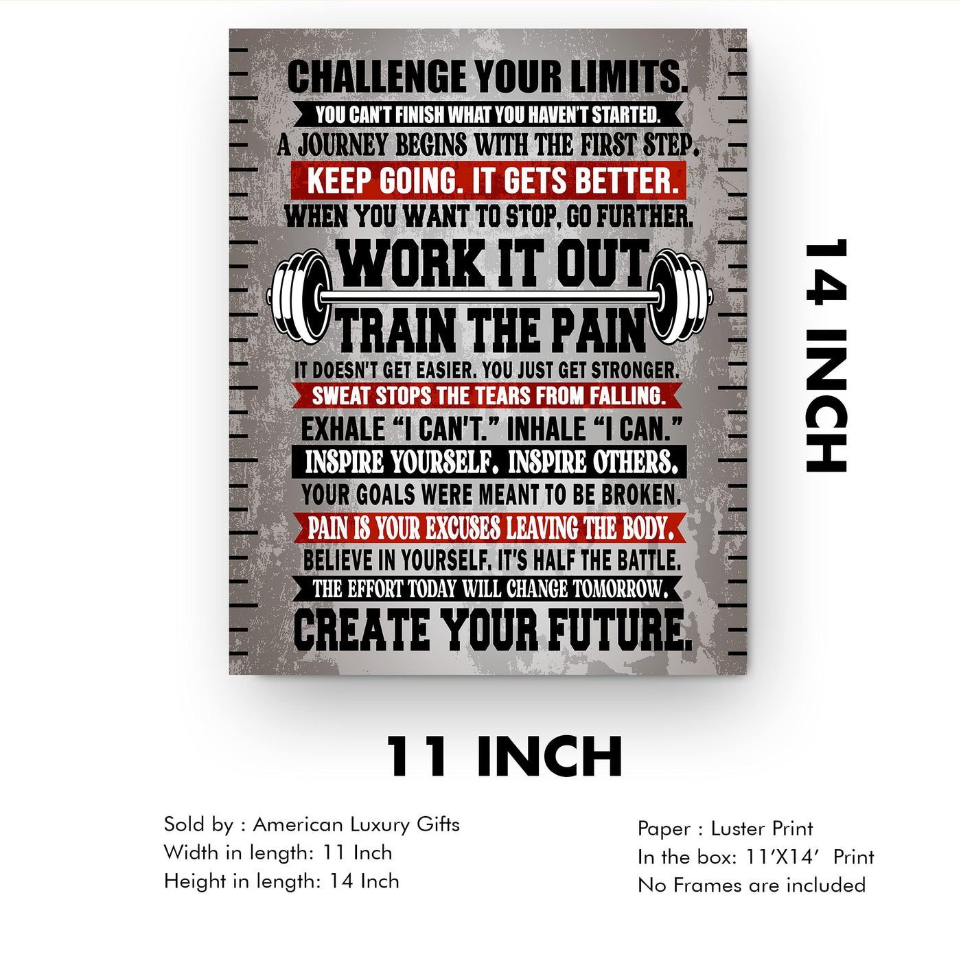 Challenge Your Limits-Work It Out Motivational Quotes Exercise Wall Sign -11 x 14" Inspirational Fitness Poster Print-Ready to Frame. Positive Home-Gym-Weight Room Decor. Great Gift of Motivation!