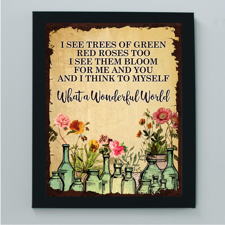What A Wonderful World Song Lyric Wall Art -8 x 10" Floral Music Lyrics Print -Ready to Frame. Rustic Wood Design Decor for Home-Studio-Bar-Man Cave. Great Gift for Louie Armstrong &amp; All Jazz Fans!
