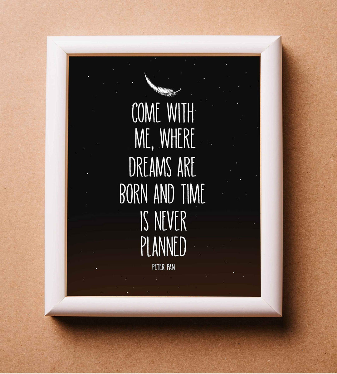 Peter Pan Quotes-"Where Dreams Are Born &amp; Time Never Planned"-8 x 10 Wall Art Sign-Ready to Frame. Starry Night Typographic Print. Perfect for Home-Bedroom-Play Room Decor. Great for Peter Pan Fans!