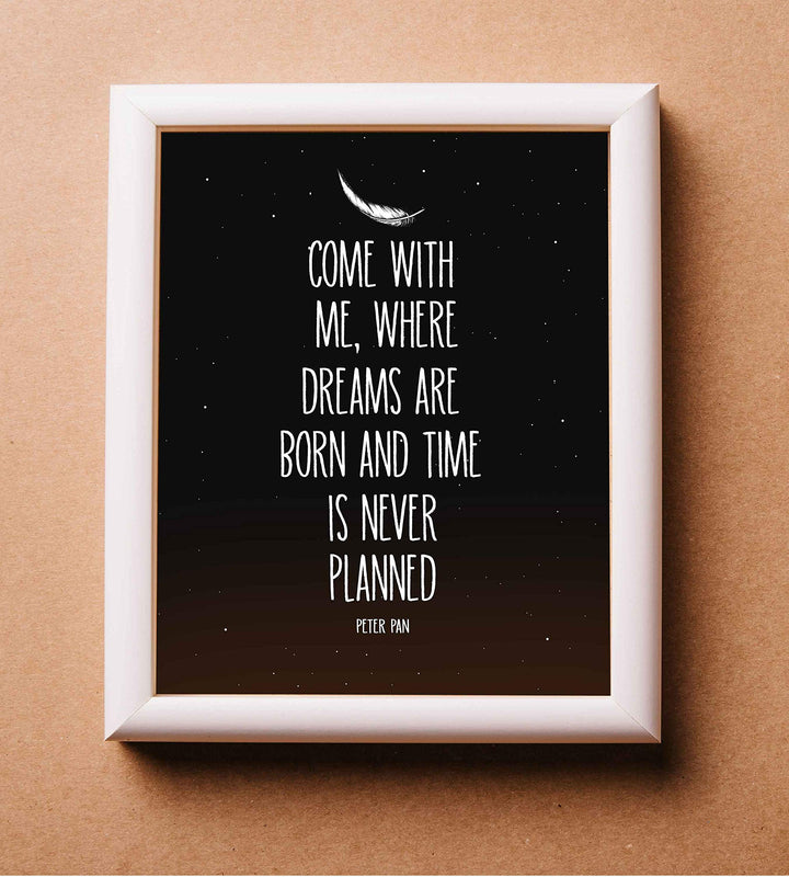 Peter Pan Quotes-"Where Dreams Are Born &amp; Time Never Planned"-8 x 10 Wall Art Sign-Ready to Frame. Starry Night Typographic Print. Perfect for Home-Bedroom-Play Room Decor. Great for Peter Pan Fans!