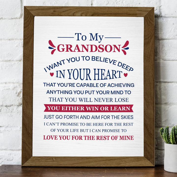 "To My Grandson - Win or Learn" Inspirational Love &amp; Family Wall Decor -8 x 10" Rustic Typographic Art Print -Ready to Frame. Home-Living Room-Office Decoration. Perfect Gift for Grandsons!