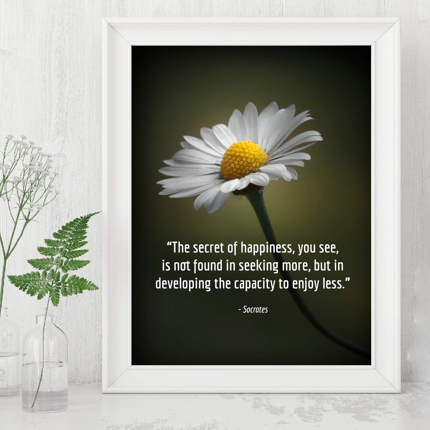 Socrates Quotes Wall Art-"Secret To Happiness-Developing Capacity to Enjoy Less" -8 x 10" Motivational Wall Print-Ready to Frame. Modern Typographic Design. Inspirational Home-Office-School Decor.