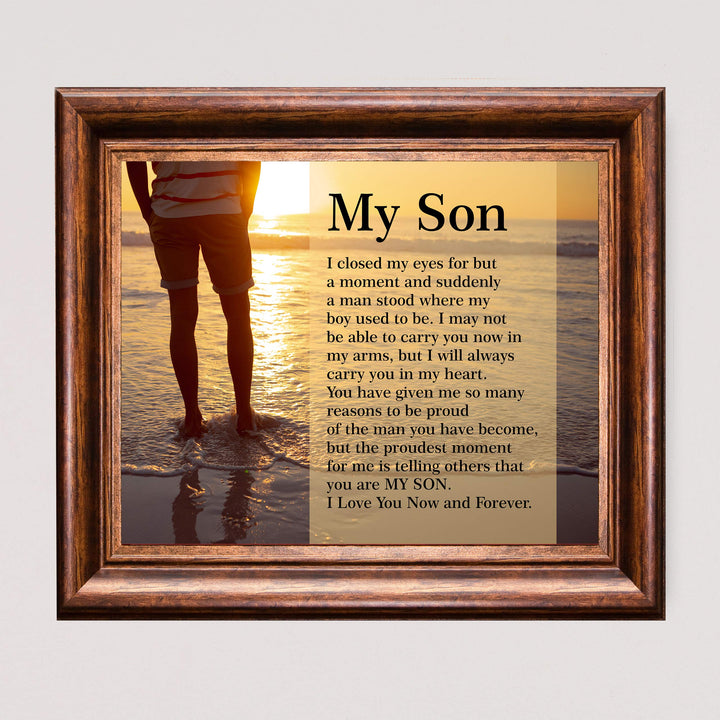 My Son-Love You Now &amp; Forever Inspirational Family Wall Art -10 x 8" Modern Typographic Beach Sunset Print-Ready to Frame. Loving, Heartfelt Message for All Sons. Great Wedding-Graduation Gift!