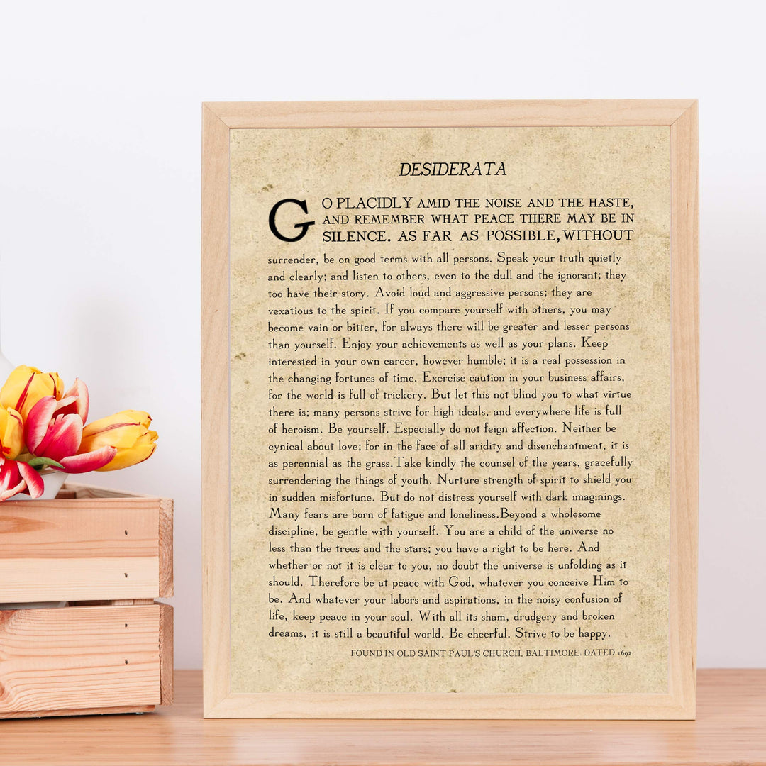 Desiderata by Max Ehrmann"- Poetry Wall Art- 11 x 14" Wall Print Decor. Original Poem on Distressed Parchment Print-Ready To Frame. Antique Home-Office-Library Decor. Great Art Gift for Poetry Fans.