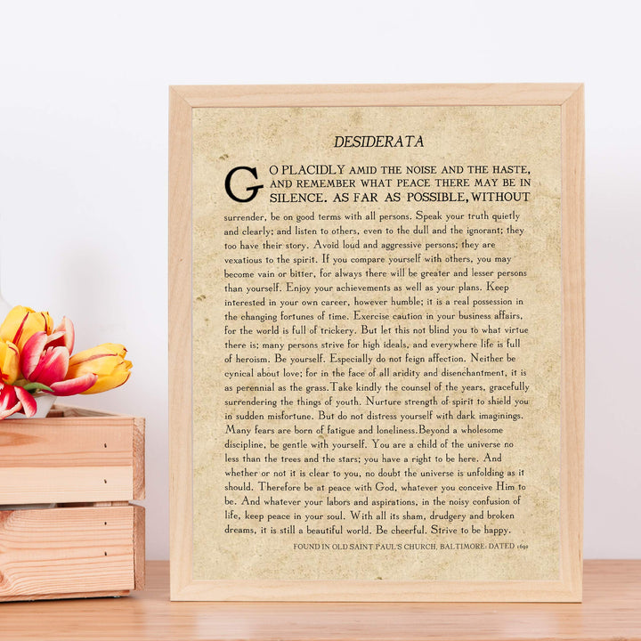 Desiderata by Max Ehrmann"- Poetry Wall Art- 11 x 14" Wall Print Decor. Original Poem on Distressed Parchment Print-Ready To Frame. Antique Home-Office-Library Decor. Great Art Gift for Poetry Fans.