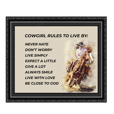 Cowgirl Rules-Never Hate-Live Simply- Western Wall Art Sign- 10 x 8"- Woman Riding Horse Photo Print -Ready to Frame. Country Rustic Decor for Home-Lodge-Camp-Cabin. Great Gift for All Cowgirls!