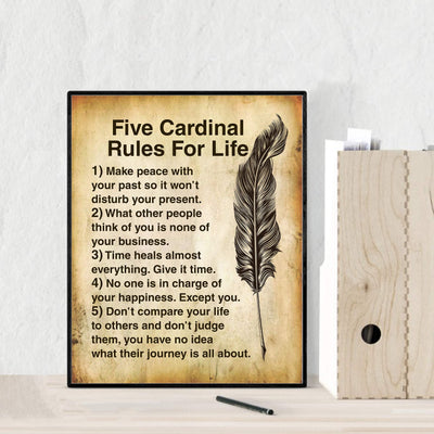 Five Cardinal Rules For Life-Inspirational Wall Art -8 x 10" Distressed Parchment Print-Ready to Frame. Motivational Decor For Home-Office-School. Great Reminders To Find Happiness & Inspiration!