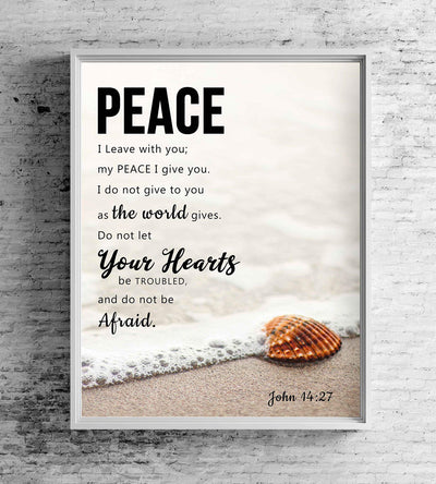 Peace I Leave With You-John 14:27-Bible Verse Wall Art Sign-8 x 10"-Christian Poster Print-Ready to Frame. Beach Image Scripture Print for Home-Office-Studio-Church D?cor. Perfect Religious Gift!