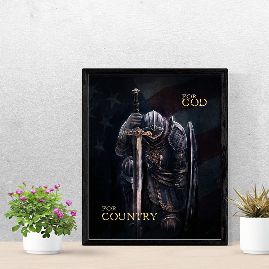 ?For God-For Country"-Patriotic American Flag Warrior Print -11 x 14" Motivational Armor of God Poster Print-Ready to Frame. Inspirational Home-Office-Church-Christian Decor. Great Gift for Patriots!