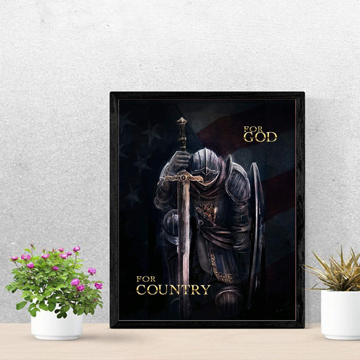 ?For God-For Country"-Patriotic American Flag Warrior Print -11 x 14" Motivational Armor of God Poster Print-Ready to Frame. Inspirational Home-Office-Church-Christian Decor. Great Gift for Patriots!