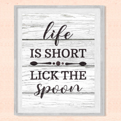 Life Is Short-Lick the Spoon Funny Kitchen Wall Art Sign -8x10" Inspirational Poster Print w/Distressed Wood Design-Ready to Frame. Rustic Home-Farmhouse-Dining Decor. Great Gift! Printed on Paper.