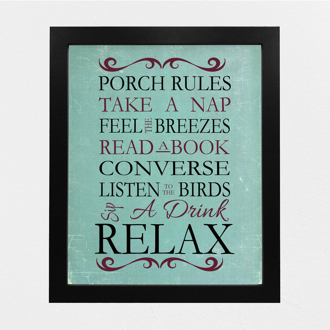 Porch Rules Home Sign Print-8 x 10" Wall Decor Print- Ready to Frame. Distressed Sign Replica Print for Beach-Deck-Cabin-Lake House Decor. Fun Relaxation Quips &amp; Sayings. Great Housewarming Gift!