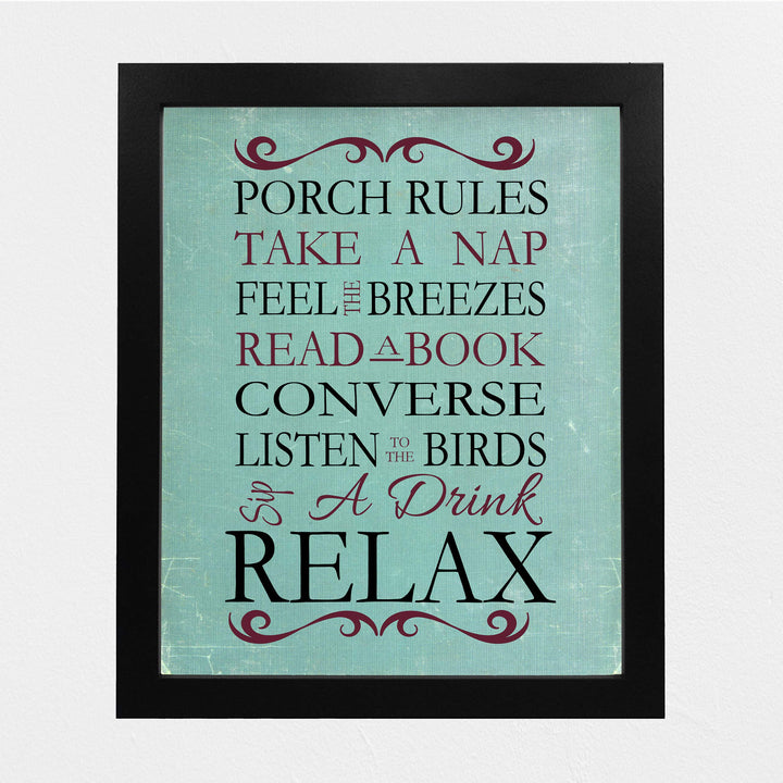 Porch Rules Home Sign Print-8 x 10" Wall Decor Print- Ready to Frame. Distressed Sign Replica Print for Beach-Deck-Cabin-Lake House Decor. Fun Relaxation Quips &amp; Sayings. Great Housewarming Gift!