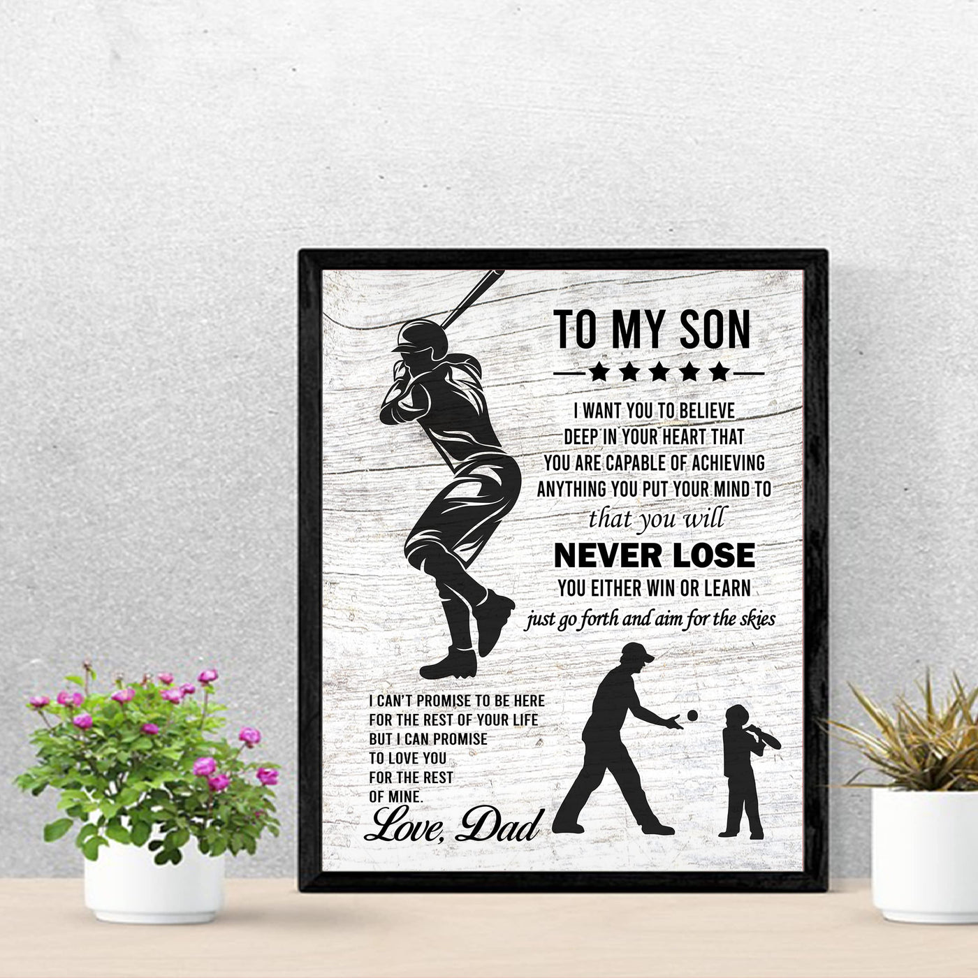 "To My Son -Never Lose- Win or Learn" Inspirational Family Wall Art Sign -11x14" Typographic Sports Poster Print -Ready to Frame. Loving Message for Any Son. Great Keepsake Gift Love Dad!