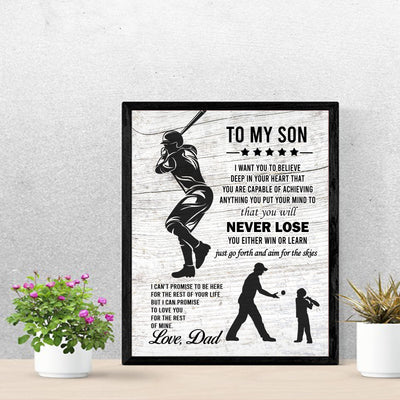 "To My Son -Never Lose- Win or Learn" Inspirational Family Wall Art Sign -11x14" Typographic Sports Poster Print -Ready to Frame. Loving Message for Any Son. Great Keepsake Gift Love Dad!