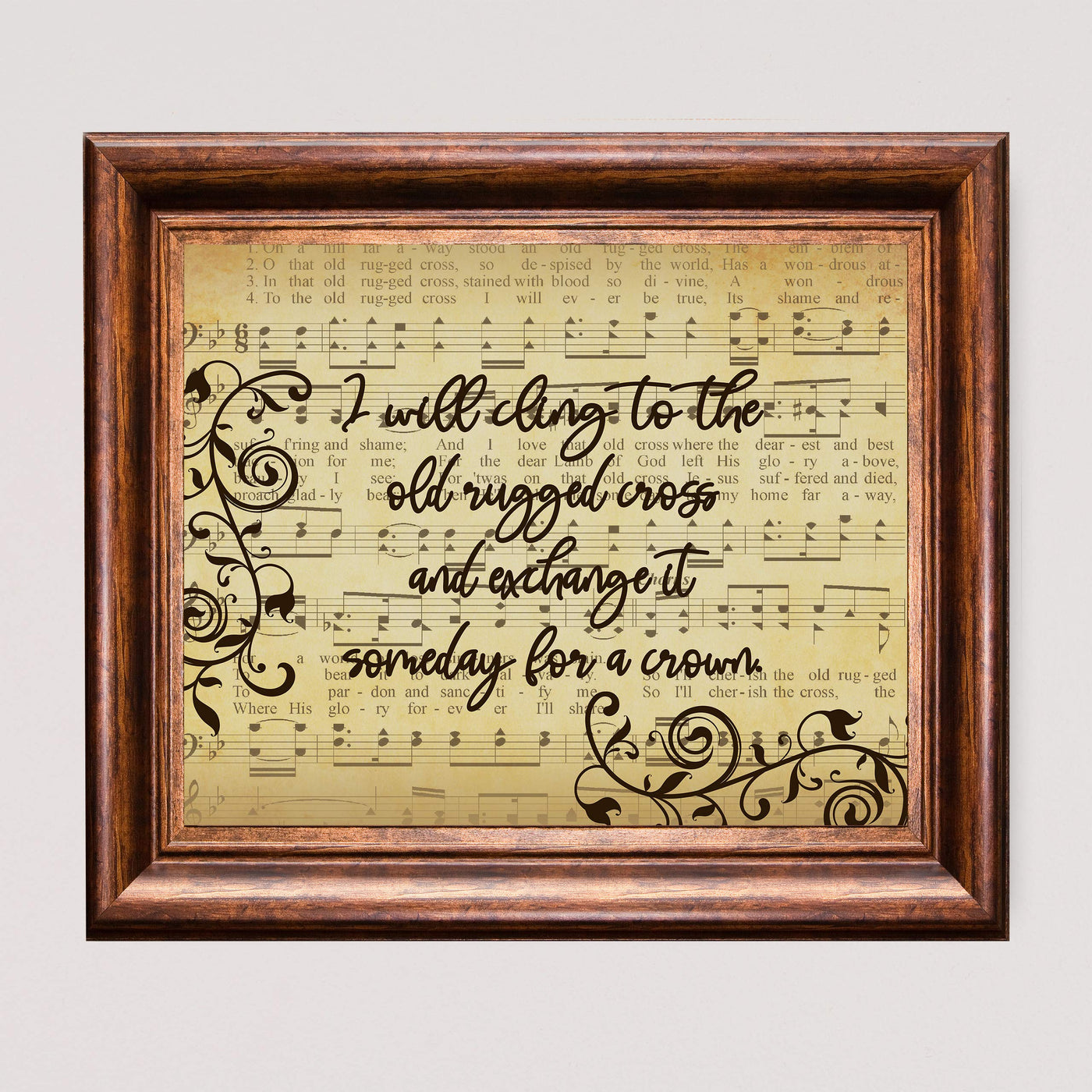 I Will Cling to the Old Rugged Cross Praise Hymns Sheet Music Art -10 x 8" Wall Print w/Replica Distressed Parchment Design-Ready to Frame. Great Classic Hymn for Home-Office-Studio-Church Decor!