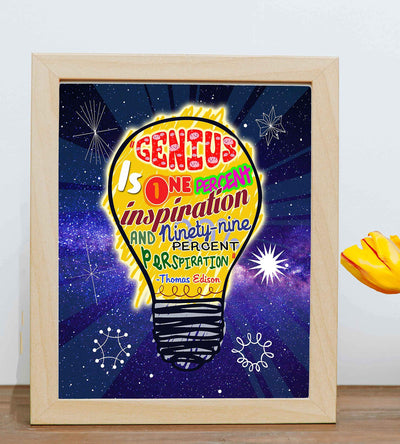 Thomas Edison-"Genius-1% Inspiration-99% Perspiration"-Motivational Quotes Wall Sign-8 x 10" Starry Night Print w/Artistic Light Bulb Image-Ready To Frame. Inspirational Home-Office-Classroom Decor!