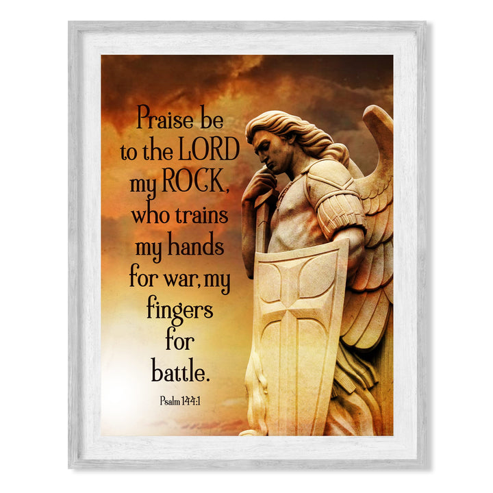 Praise Be to the Lord, My Rock-Bible Verse Wall Art-8 x 10" Scripture Print w/Angel Warrior Image-Ready to Frame. Christian Decor for Home-Office-Church. Great Religious Gift of Faith! Psalm 144:1