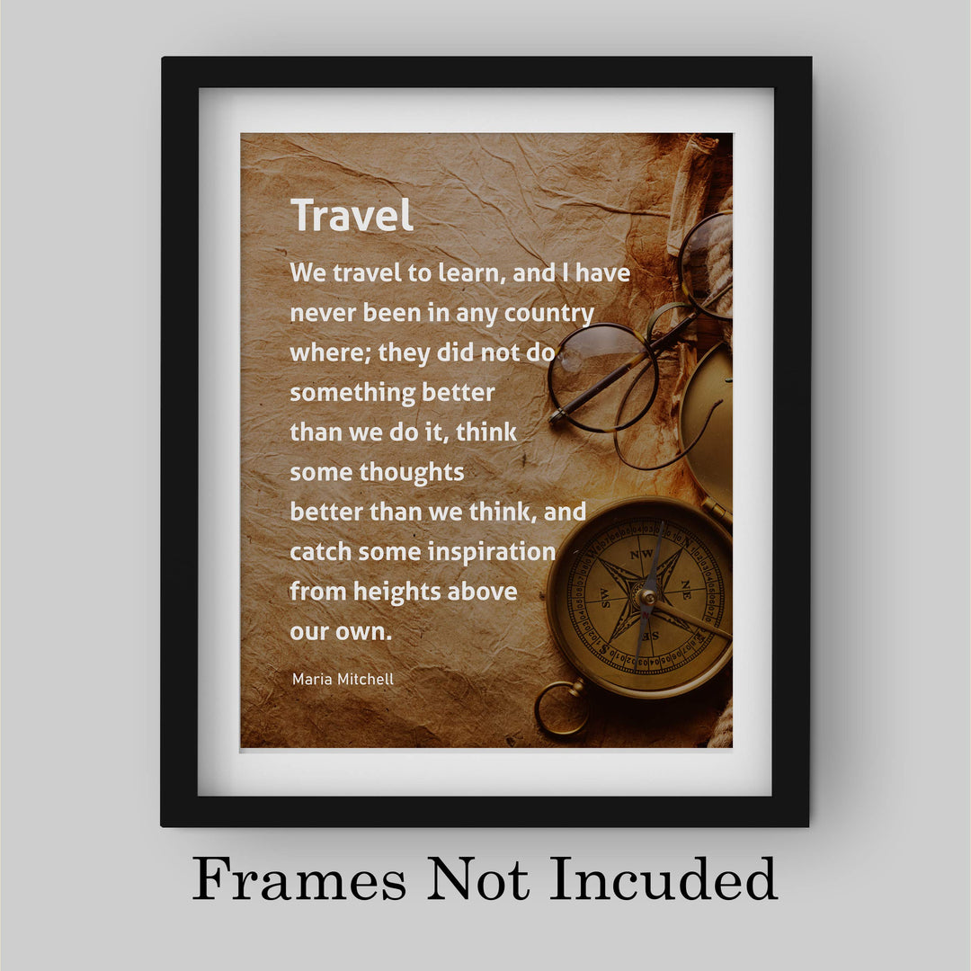 ?We Travel to Learn &amp; Catch Inspiration?-Motivational Wall Art-8x10" Typographic Distressed Parchment Print w/Compass Image-Ready to Frame. Inspirational Home-Office-Classroom-Cave-Library Decor!