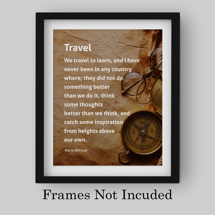 ?We Travel to Learn &amp; Catch Inspiration?-Motivational Wall Art-8x10" Typographic Distressed Parchment Print w/Compass Image-Ready to Frame. Inspirational Home-Office-Classroom-Cave-Library Decor!