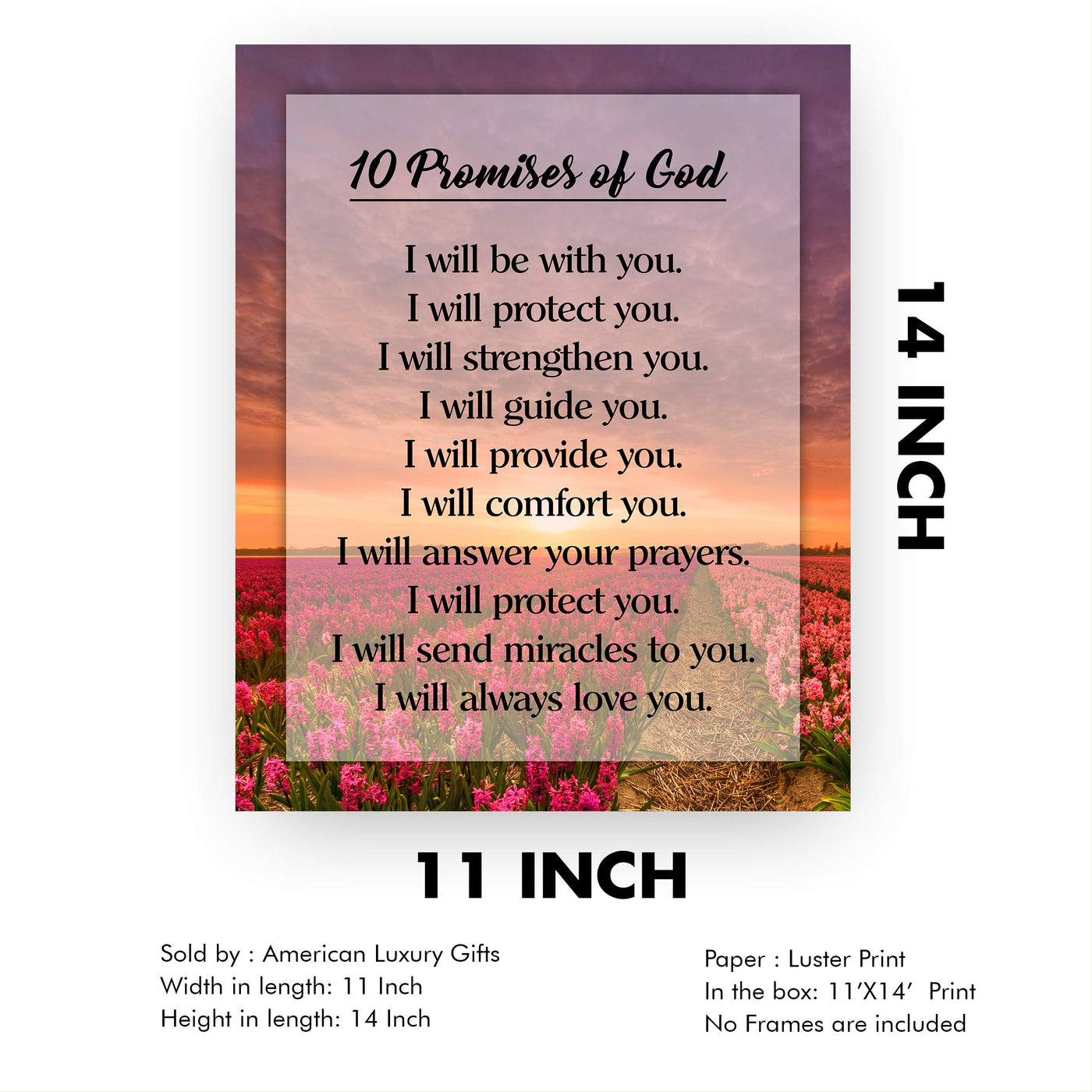 10 Promises of God Motivational Christian Wall Art -11 x 14" Floral Sunrise Print-Ready to Frame. Typographic Design. Inspirational Home-Office-Church-School Decor. Great Religious Gift of Faith!