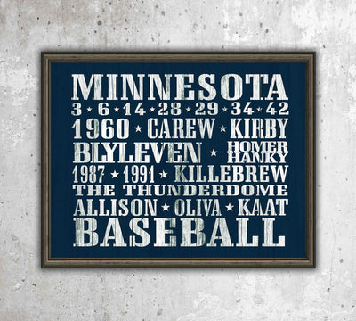 Minnesota Twins-Baseball-Vintage Sports Wall Decor- 10 x 8"- Retro MLB Players Poster Print-Ready to Frame. Baseball Typographic Art Sign. Home-Office-Bar D?cor. Perfect for Locker Room-Man Cave.