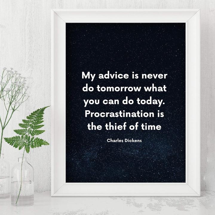 Charles Dickens-"Procrastination Is the Thief of Time"-Motivational Quotes Wall Print-8 x 10" Inspirational Starry Night Print-Ready to Frame. Classic Decor for Home-Office-Studio-Classroom-Dorm!