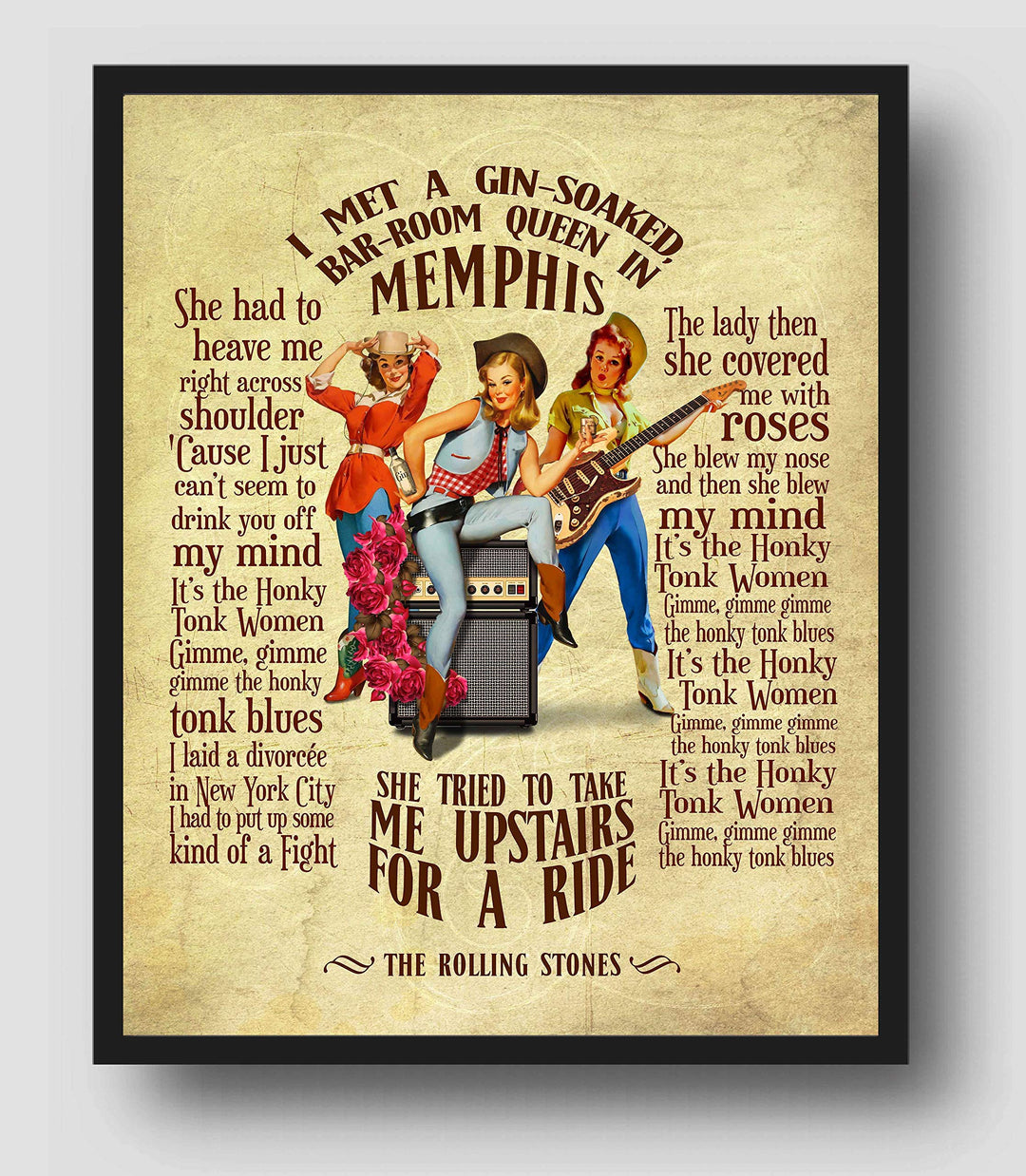 Rolling Stones-"Honky Tonk Women"-Song Lyric Wall Art Sign -11 x 14" Distressed Typographic Music Print-Ready to Frame. Home-Studio-Bar-Man Cave Decor. Perfect for Stones &amp; All Rock Music Fans!