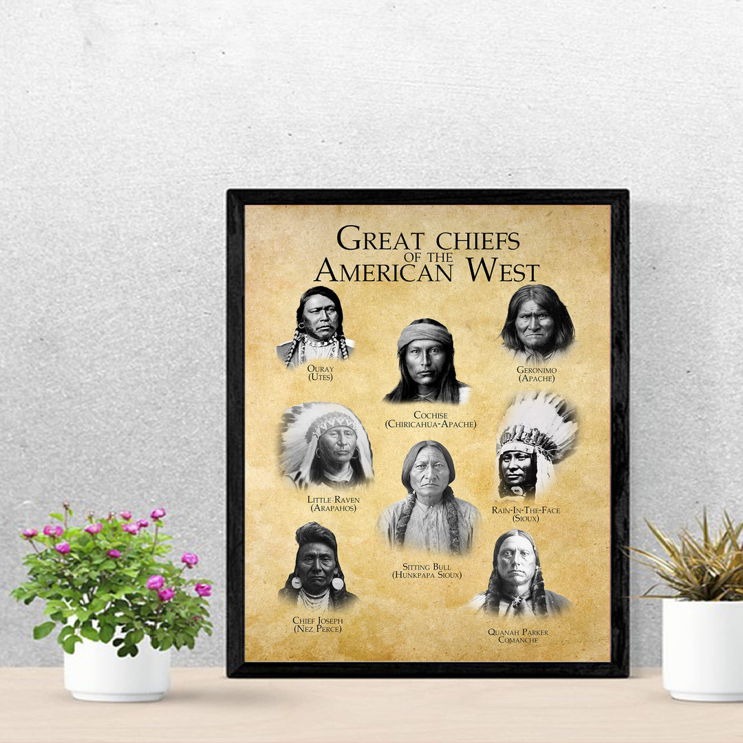 Great Chiefs of the American West Native American Indian Tribe Wall Art -11x14" Indian Chief Portrait Print -Ready to Frame. Spiritual Print w/Distressed Parchment Design. Home-Office-School Decor!