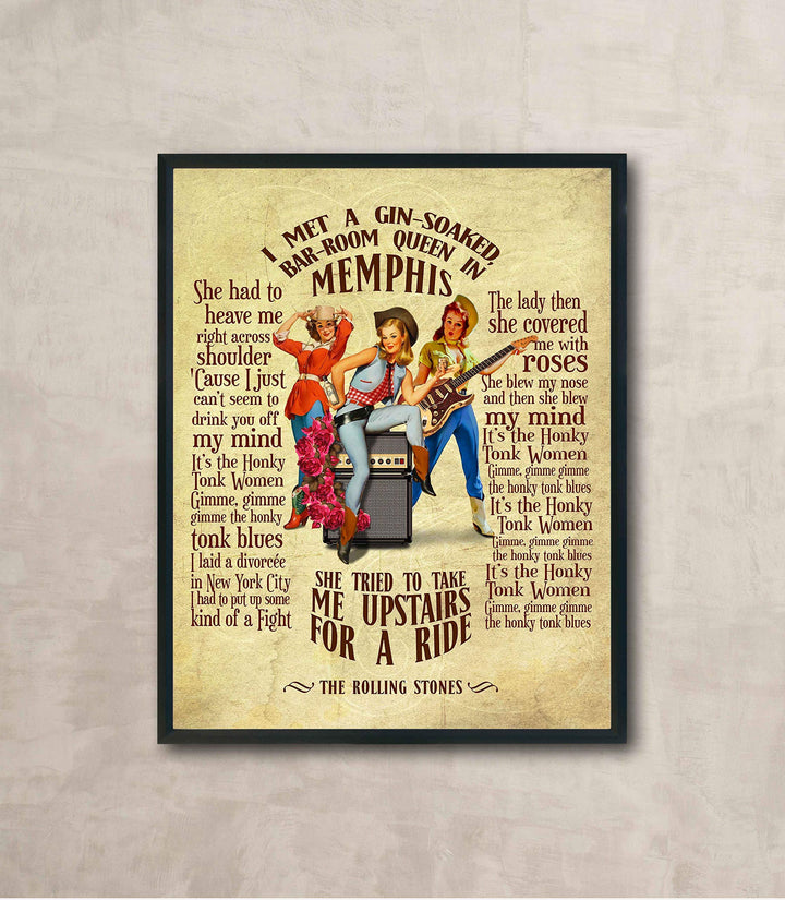 Rolling Stones-"Honky Tonk Women"-Song Lyric Wall Art Sign -11 x 14" Distressed Typographic Music Print-Ready to Frame. Home-Studio-Bar-Man Cave Decor. Perfect for Stones &amp; All Rock Music Fans!