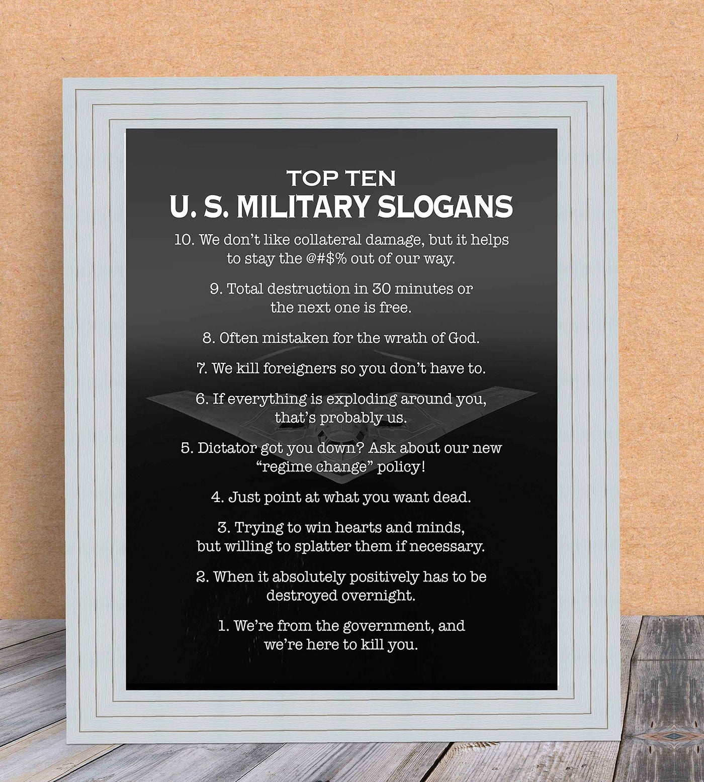 Top Ten U.S. Military Slogans-Patriotic Wall Art- 8 x 10" Typographic Print w/Stealth Bomber Image-Ready To Frame. Home-Office-Garage-Cave-Military Decor. Perfect Gift for Veterans!