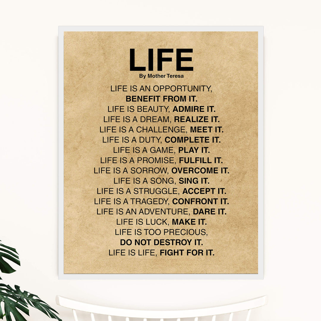 Mother Teresa Quotes-"Life Is."-Inspirational Wall Art -11x14" Distressed Parchment Print-Ready to Frame. Christian Decor for Home-Studio-Office-School Decor. Perfect Life Lessons for All!