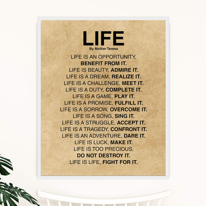 Mother Teresa Quotes-"Life Is."-Inspirational Wall Art -11x14" Distressed Parchment Print-Ready to Frame. Christian Decor for Home-Studio-Office-School Decor. Perfect Life Lessons for All!