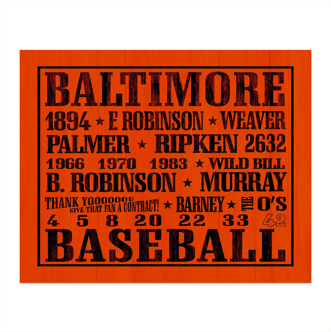 Baseball-Baltimore Orioles-Famous MLB Players Wall Art Decor-10 x 8"-Vintage Sports Poster Print-Ready to Frame. Ideal Decor for Home-Office-Bar-Locker Room-Man Cave. Great Gift for Orioles Fans!