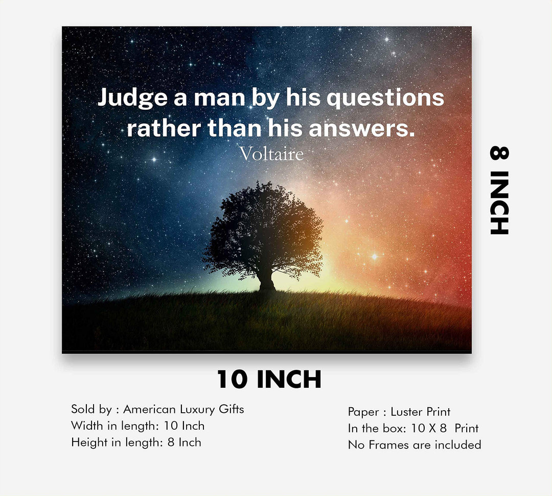 Voltaire Quotes Wall Art-"Judge A Man By His Questions"-10x8" Starry Night Typographic Print-Ready to Frame. Inspirational Home-Office-Classroom-Library Decor. Great Gift of Philosophy &amp; Inspiration!