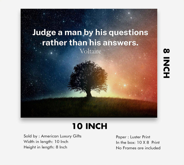 Voltaire Quotes Wall Art-"Judge A Man By His Questions"-10x8" Starry Night Typographic Print-Ready to Frame. Inspirational Home-Office-Classroom-Library Decor. Great Gift of Philosophy &amp; Inspiration!