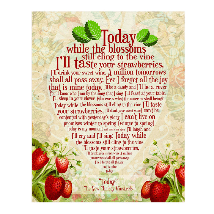The New Christy Minstrels-"Today" Song Lyric Wall Art-11 x 14" Rustic Music Print-Ready to Frame. Typographic Strawberries Design. Home-Studio-Bar-Cave Decor. Great Gift for All Folk Music Fans!
