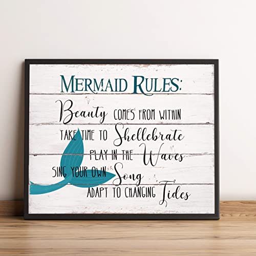 "Mermaid Rules" Inspirational Beach Wall Decor Print-Ready to Frame. -10x8"